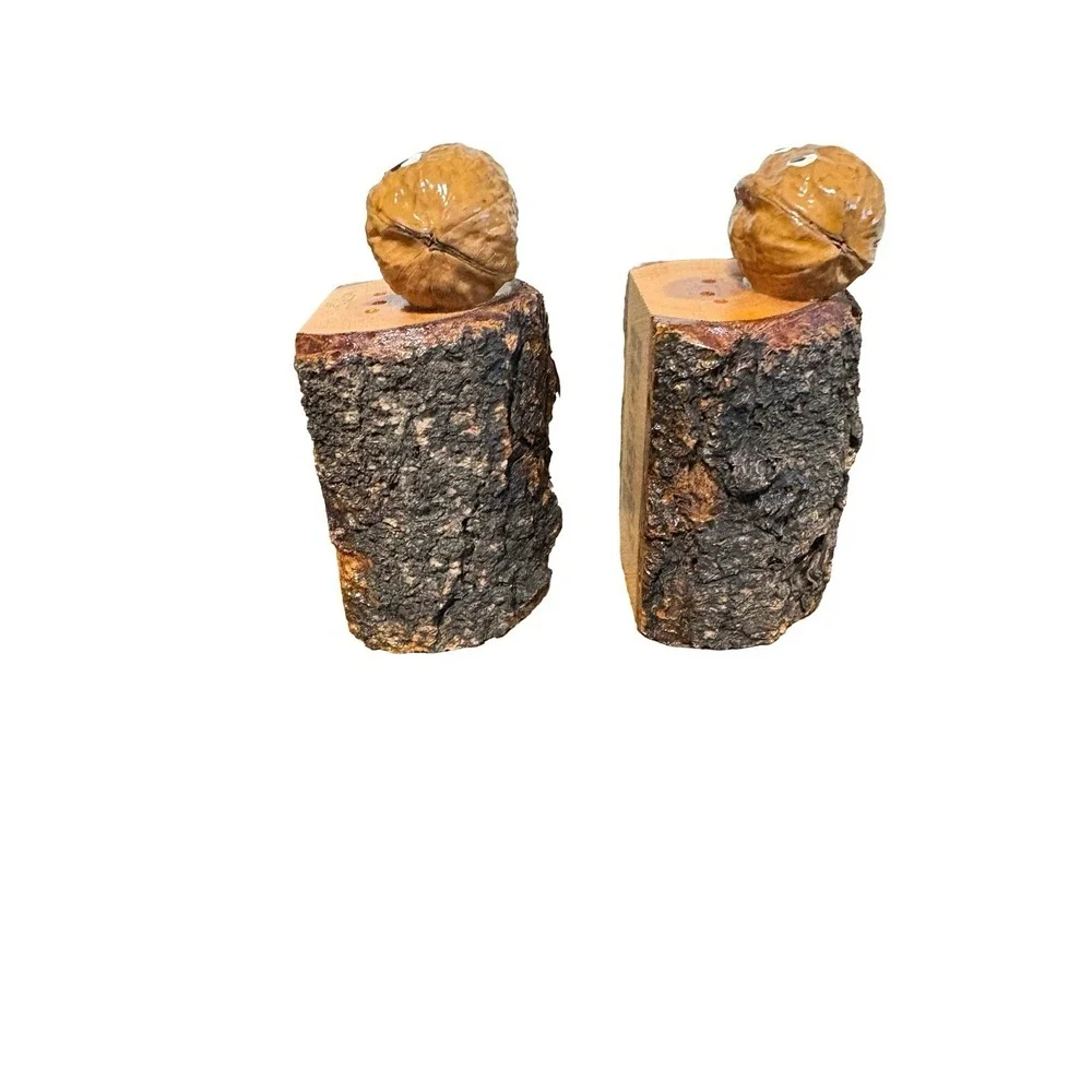 Vintage You're Nuts Wooden Salt & Pepper Shakers Real Acorn Bark Edge Cedar‎ MCM